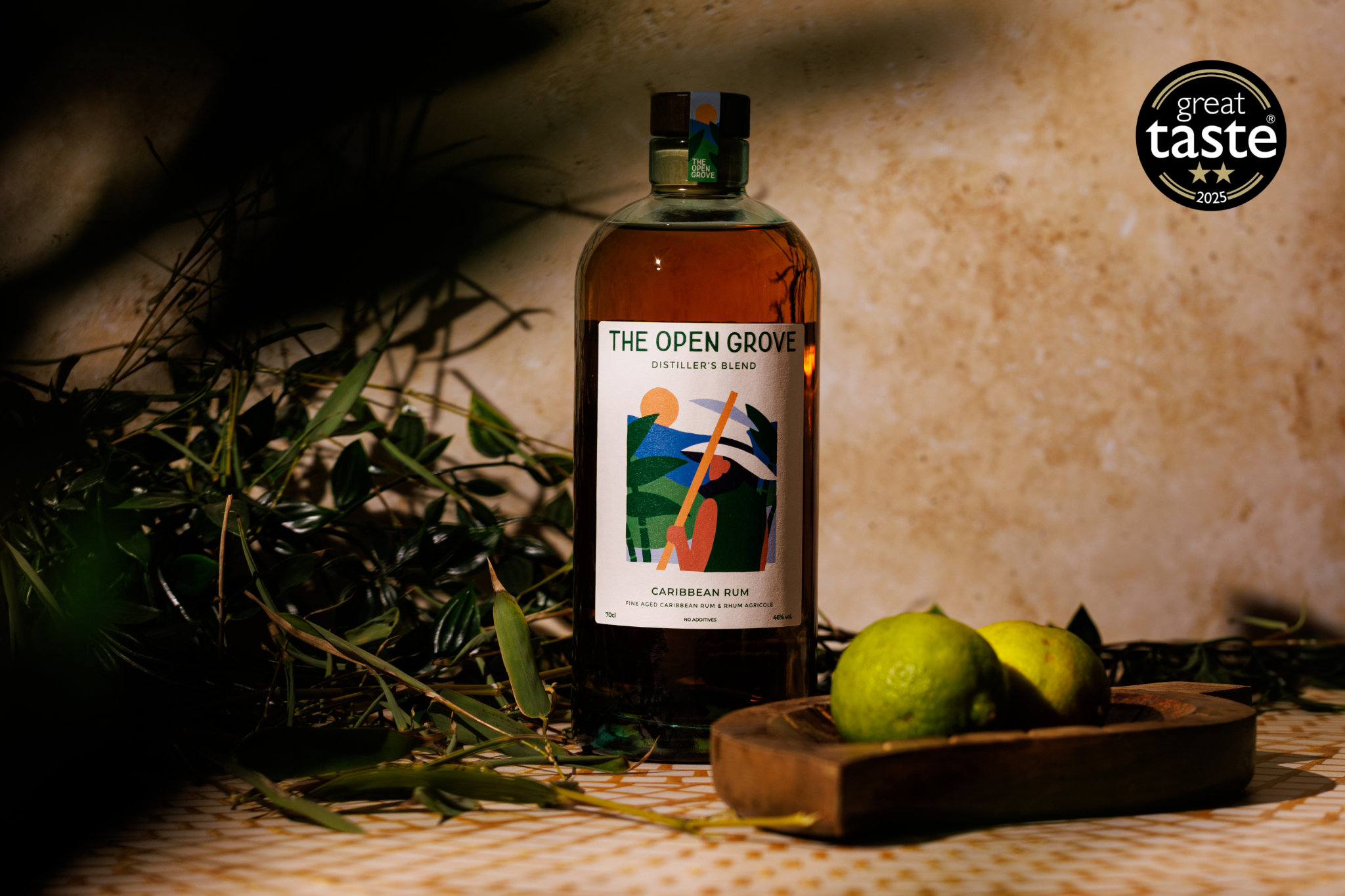 The Open Grove Distiller’s Blend award-winning British craft rum bottle